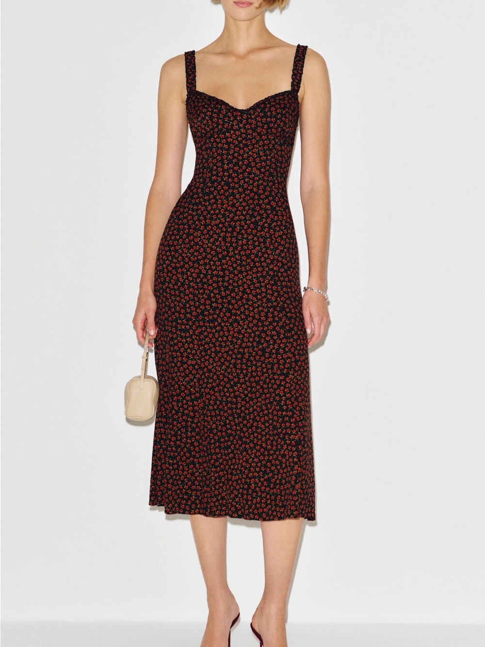 Reformation Black Maxi Slip Dress with Red Floral Print